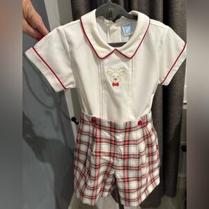 Plaid Baby Romper with Reindeer Embroidery. Perfect for the holidays